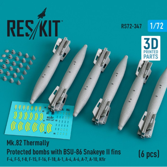 Reskit Rs72-0347 1/72 Mk.82 Bombs With Bsu86 Snakeye Ii Fins F14 F A18 A6 A7 Av8 S3 6 Pcs 3d Printed