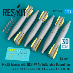 Reskit Rs72-0348 1/72 Mk.82 Bombs With Bsu49 Air Inflatable Retard Fins F4 F5 F8 F15 F16 F18 A1 A4 A6 A7 A10 Kfir 6 Pcs 3d Printed