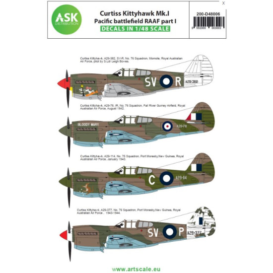 Ask D48006 1/48 Decal For Curtiss Kittyhawk Mk.i Pacific Battlefield Raaf Part I