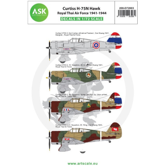 Ask D72003 1/72 Decal For Curtiss H-75n Hawk Royal Thai Air Force 1941-1944
