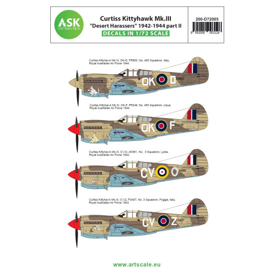Ask D72005 1/72 Decal Curtiss Kittyhawk Mk.iii Desert Harassers North Africa / Italy 1942-1944 Part Ii