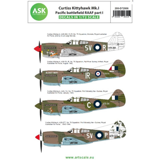 Ask D72006 1/72 Decal For Curtiss Kittyhawk Mk.i Pacific Battlefield Raaf 1942-1944 Part I