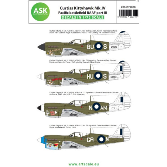 Ask D72008 1/72 Decal Curtiss Kittyhawk Mk.iv Pacific Battlefield Raaf Part Iii