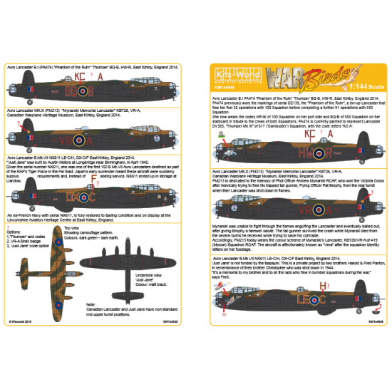 Kits World Kw144046 1/144 Decal Avro Lancaster Just Jane Accessories Kit