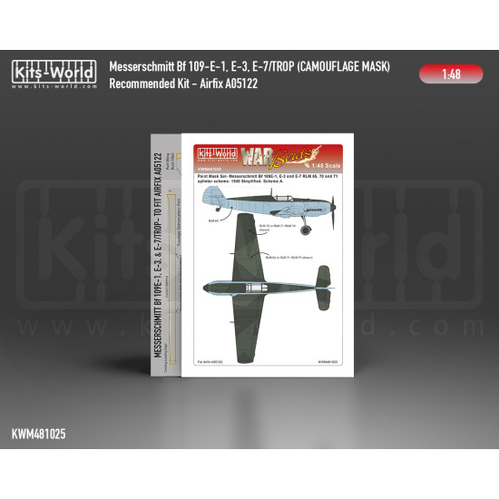 Kits World Kwm48-1025 1/48 Mask For Messerschmitt Bf 109e-1, E-3, E-7 Splinter Scheme Set Airfix A05122