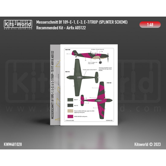 Kits World Kwm48-1028 1/48 Mask Messerschmitt Bf 109e-1, E-3, E-7 Splinter Scheme Set Simplified 1939-1940 Airfix A05122