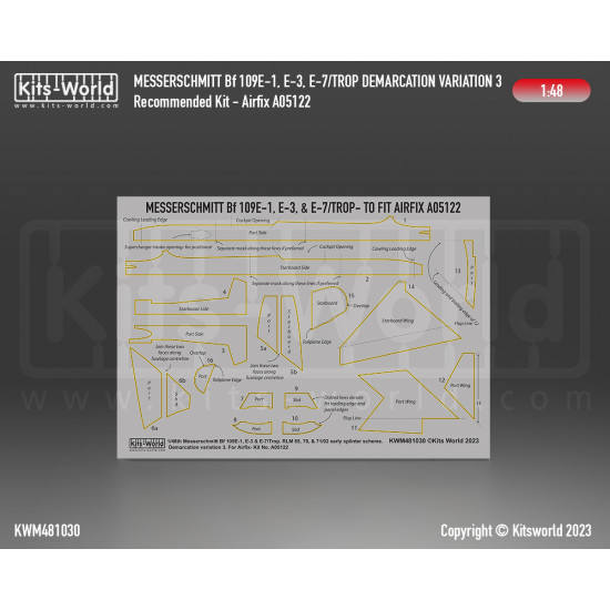 Kits World Kwm48-1030 1/48 Mask For Messerschmitt Bf 109e-1, E-3, E-7 Splinter Scheme Set Variation 3 Airfix A05122