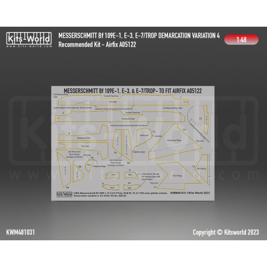 Kits World Kwm48-1031 1/48 Mask Messerschmitt Bf 109e-1, E-3, E-7 Splinter Scheme Set Variation 4 Airfix A05122