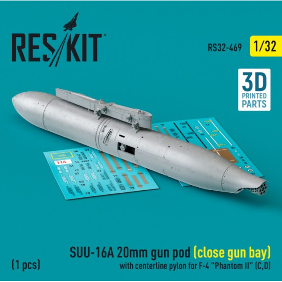 Reskit Rs32-0469 1/32 Suu16a 20mm Gun Pod Close Gun Bay With Centerline Pylon For F4 Phantom Ii C D 1 Pcs 3d Printed