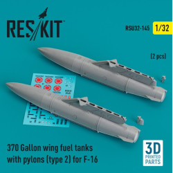 Reskit Rsu32-0145 1/32 370 Gallon Wing Fuel Tanks With Pylons Type 2 For F16 2 Pcs 3d Printed