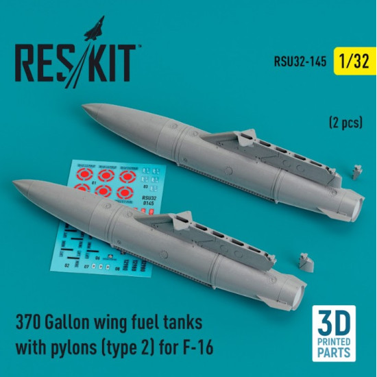 Reskit Rsu32-0145 1/32 370 Gallon Wing Fuel Tanks With Pylons Type 2 For F16 2 Pcs 3d Printed