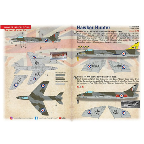 Print Scale 72-464 1/72 Decal For Hawker Hunter F.1 F.6