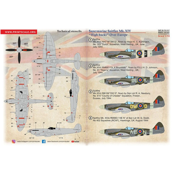 Print Scale 72-517 1/72 Decal For Supermarine Spitfire Xiv High Backs Over Europe The Complete Set 2 Leaf