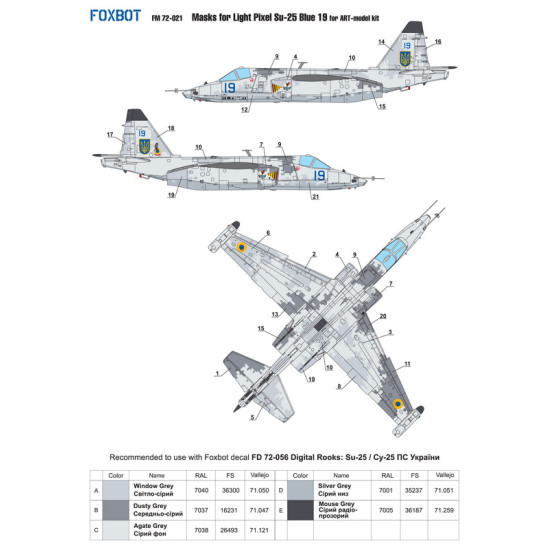 Foxbot Fm72-021 1/72 Masks For Sukhoi Su 25 Blue 19 Ukranian Air Forces Light Pixel Camouflage For Art Model Kit