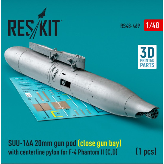 Reskit Rs48-0469 1/48 Suu 16a 20mm Gun Pod Close Gun Bay With Centerline Pylon For F4 Phantom Ii C D 1 Pcs 3d Printed