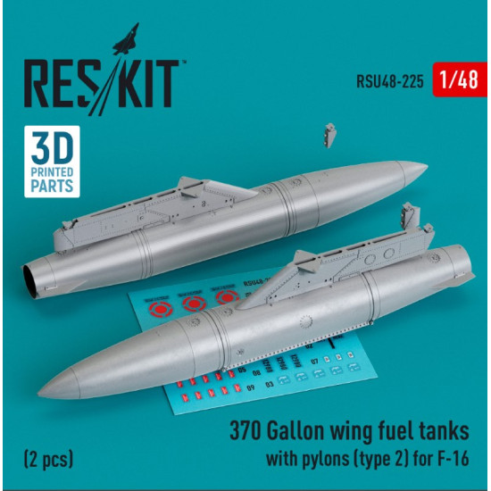 Reskit Rsu48-0225 1/48 370 Gallon Wing Fuel Tanks With Pylons Type 2 For F16 2 Pcs 3d Printed