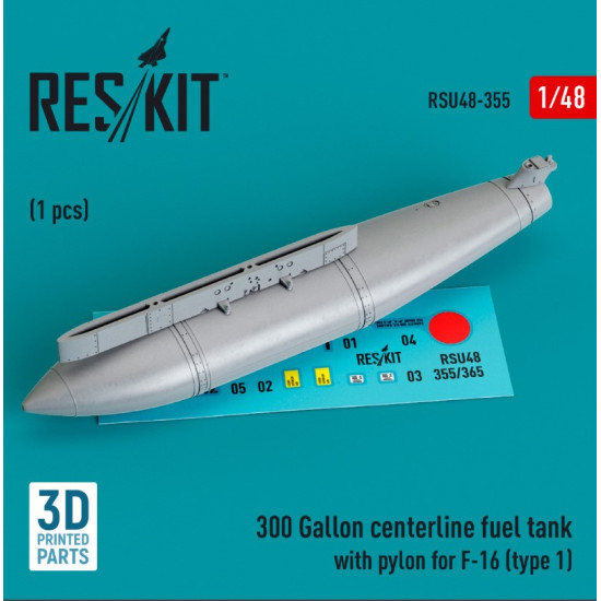 Reskit Rsu48-0355 1/48 300 Gallon Centerline Fuel Tank With Pylon For F16 Type 1 1 Pcs 3d Printed