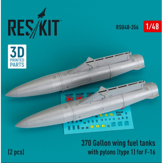 Reskit Rsu48-0356 1/48 370 Gallon Wing Fuel Tanks With Pylons Type1 For F16 2 Pcs 3d Printed