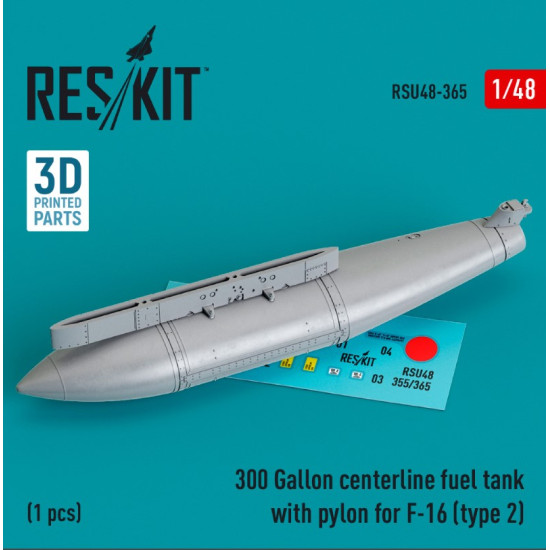 Reskit Rsu48-0365 1/48 300 Gallon Centerline Fuel Tank With Pylon For F16 Type 2 1 Pcs 3d Printed