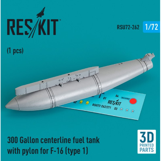 Reskit Rsu72-0262 1/72 300 Gallon Centerline Fuel Tank With Pylon For F16 Type1 1pcs 3d Printed