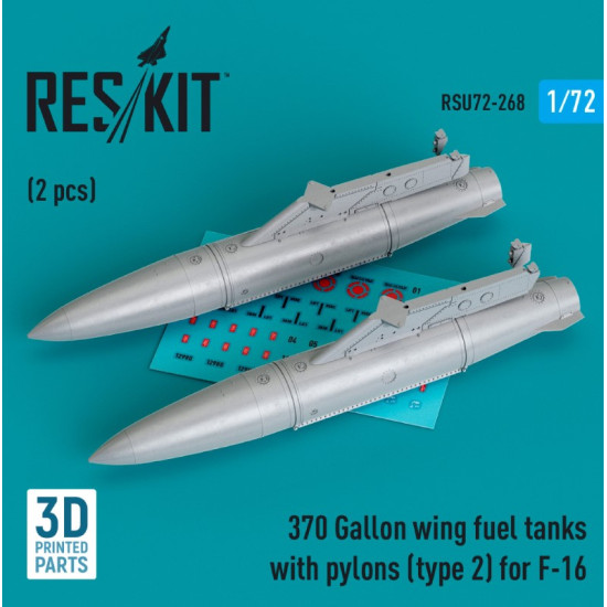 Reskit Rsu72-0268 1/72 370 Gallon Wing Fuel Tanks With Pylons Type2 For F16 2pcs 3d Printed