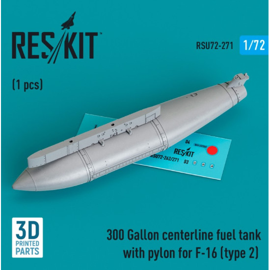 Reskit Rsu72-0271 1/72 300 Gallon Centerline Fuel Tank With Pylon For F16 Type2 1pcs 3d Printed