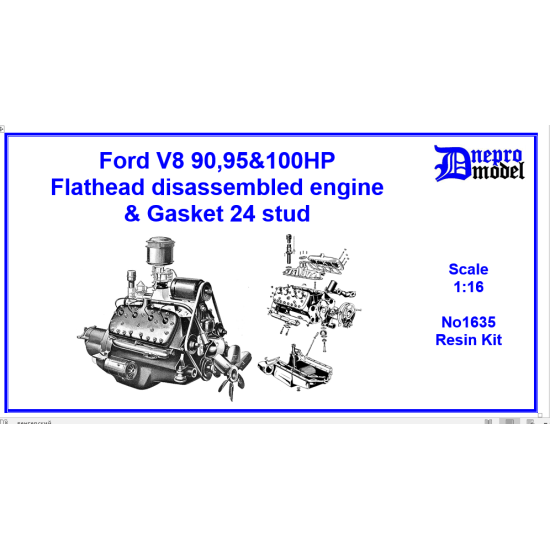 Dnepro Model 1635 1/16 Ford V8 90 95 100 Hp Flathead Disassembled Engine Gasket 24 Stud