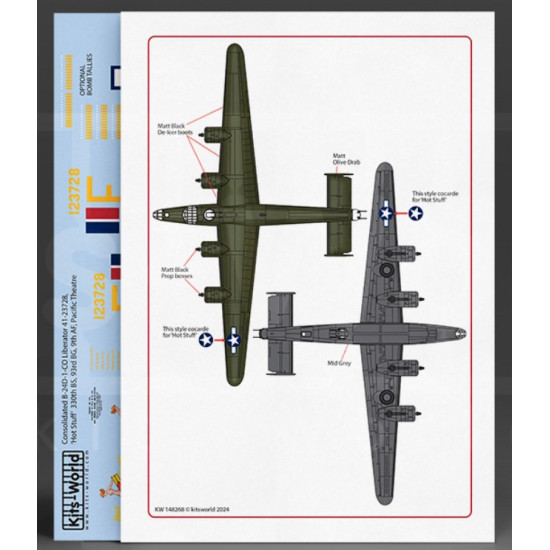 Kits World Kw148268 1/48 Decal For Consolidated B24d Liberator Hot Stuff Snafu