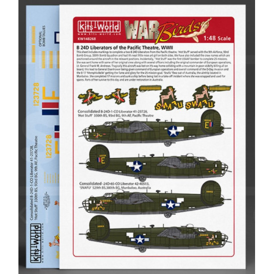 Kits World Kw148268 1/48 Decal For Consolidated B24d Liberator Hot Stuff Snafu