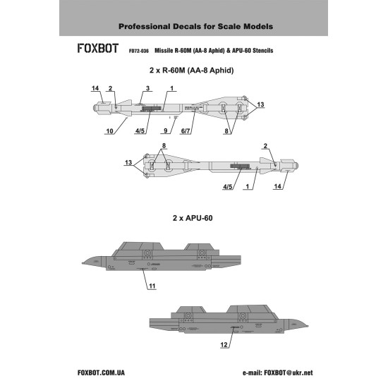 Foxbot 72-036 1/72 Stencils For Missile R60m Aa8 Aphid Apu60 Soviet Aircraft Kits