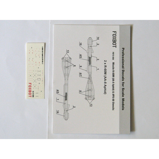 Foxbot 72-036 1/72 Stencils For Missile R60m Aa8 Aphid Apu60 Soviet Aircraft Kits