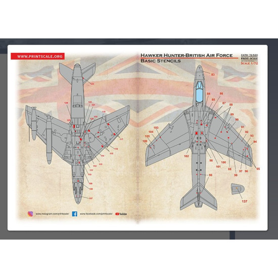 Print Scale 72-520 1/72 Decal For Hawker Hunter. Technical Stencils