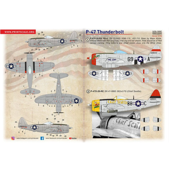 Print Scale 72-527 1/72 Decal For P 47 Thunderbolt Aces