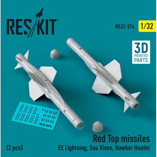 Reskit Rs32-0374 1/32 Red Top Missiles 2 Pcs Ee Lightning Sea Vixen Hawker Hunter 3d Printed