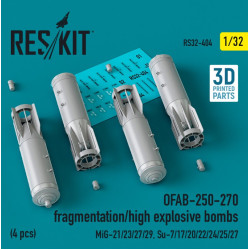 Reskit Rs32-0404 1/32 Ofab 250 270 Fragmentation/High Explosive Bombs 4 Pcs Mig 21 23 27 29 Su7 17 20 22 24 25 27 3d Printed