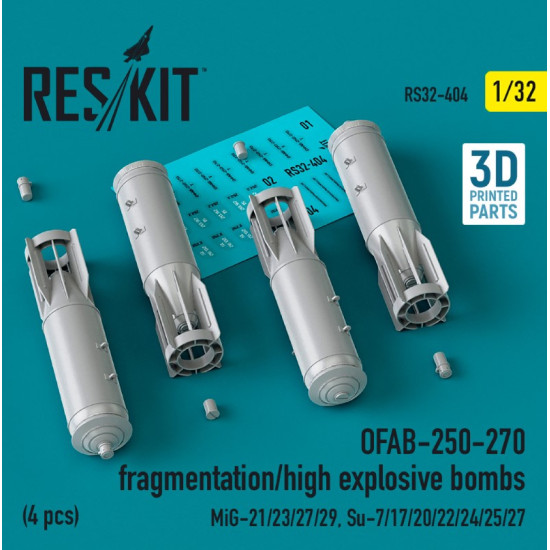 Reskit Rs32-0404 1/32 Ofab 250 270 Fragmentation/High Explosive Bombs 4 Pcs Mig 21 23 27 29 Su7 17 20 22 24 25 27 3d Printed