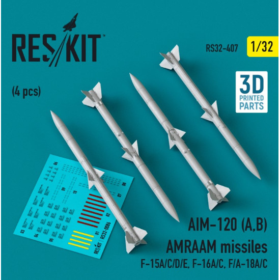 Reskit Rs32-0407 1/32 Aim120 Ab Amraam Missiles 4 Pcs F15acde F16ac F A 18ac 3d Printed