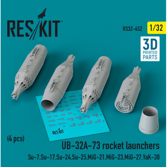 Reskit Rs32-0452 1/32 Ub32a73 Rocket Launchers 4 Pcs Su7 Su17 Su24 Su25 Mig21 Mig23 Mig27 Yak38 3d Printed