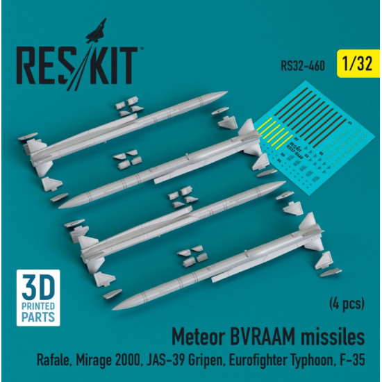 Reskit Rs32-0460 1/32 Meteor Bvraam Missiles 4 Pcs Rafale Mirage 2000 Jas39 Gripen Eurofighter Typhoon F35 3d Printed