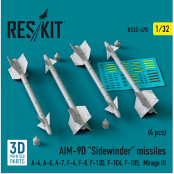 Reskit Rs32-0478 1/32 Aim 9d Sidewinder Missiles 4 Pcs A4 A6 A7 F4 F8 F100 F104 F105 Mirage Iii 3d Printed