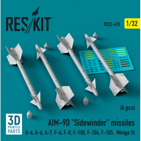 Reskit Rs32-0478 1/32 Aim 9d Sidewinder Missiles 4 Pcs A4 A6 A7 F4 F8 F100 F104 F105 Mirage Iii 3d Printed