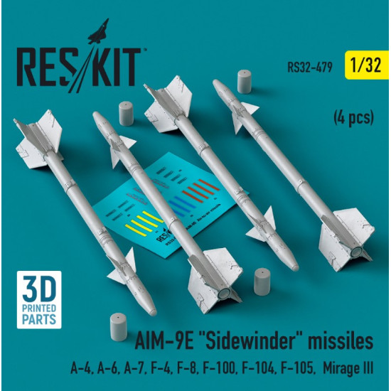 Reskit Rs32-0479 1/32 Aim 9e Sidewinder Missiles 4 Pcs A4 A6 A7 F4 F8 F100 F104 F105 Mirage Iii 3d Printed