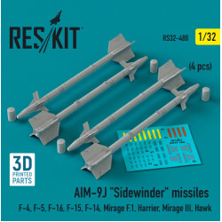 Reskit Rs32-0480 1/32 Aim 9j Sidewinder Missiles 4 Pcs F4 F5 F16 F15 F14 Mirage F.1 Harrier Mirage Iii Hawk 3d Printed