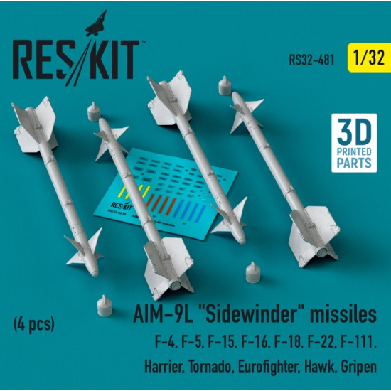 Reskit Rs32-0481 1/32 Aim9l Sidewinder Missiles 4 Pcs F4 F5 F15 F16 F18 F22 F111 Harrier Tornado Eurofighter Hawk Gripen 3d Printed