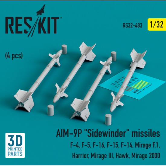 Reskit Rs32-0483 1/32 Aim 9p Sidewinder Missiles 4 Pcs F4 F5 F16 F15 F14 Mirage F.1 Harrier Mirage Iii Hawk Mirage 2000 3d Printed