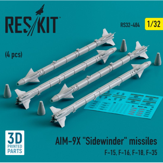 Reskit Rs32-0484 1/32 Aim 9x Sidewinder Missiles 4 Pcs F15 F16 F18 F35 3d Printed