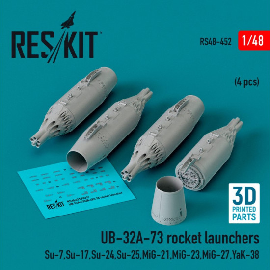 Reskit Rs48-0452 1/48 Ub 32a73 Rocket Launchers 4 Pcs Su7 Su17 Su24 Su25 Mig21 Mig23 Mig27 Yak38 3d Printed