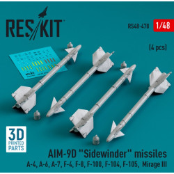 Reskit Rs48-0478 1/48 Aim 9d Sidewinder Missiles 4pcs A4 A6 A7 F4 F8 F100 F104 F105 Mirage Iii 3d Printed