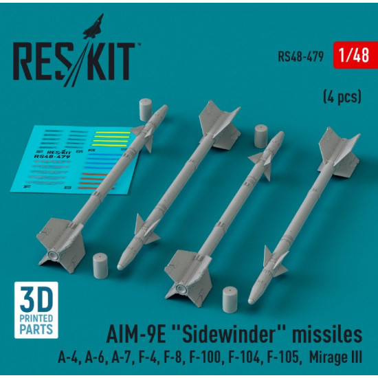 Reskit Rs48-0479 1/48 Aim 9e Sidewinder Missiles 4pcs A4 A6 A7 F4 F8 F100 F104 F105 Mirage Iii 3d Printed