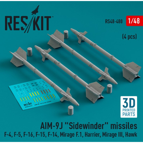 Reskit Rs48-0480 1/48 Aim 9j Sidewinder Missiles 4pcs F4 F5 F16 F15 F14 Mirage F.1 Harrier Mirage Iii Hawk 3d Printed